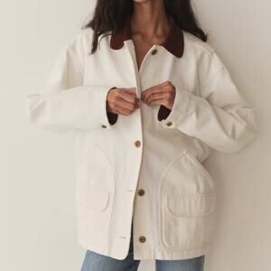 NWT Doen Pascual Cotton Denim Jean Corduroy Collar Button Barn Jacket Salt White